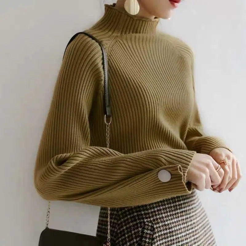 Women Autumn And Winter Half High Collar Knitted Sweaters Solid Female Soft Elastic Soild Color Pullover Button Full Sleeve Tops