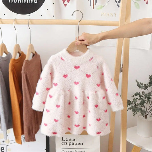 Girls Winter Imitation Mink Fleece Sweater Princess Dress Baby Knit Sweater Baby Winter Foreign Style Hedging Dress