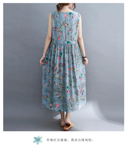 Women Summer Sleeveless Casual Dress New Arrival 2021 Vintage Style Floral Print Loose Cotton Linen Female Long Dresses B592