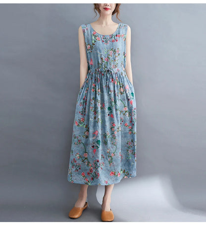 Women Summer Sleeveless Casual Dress New Arrival 2021 Vintage Style Floral Print Loose Cotton Linen Female Long Dresses B592