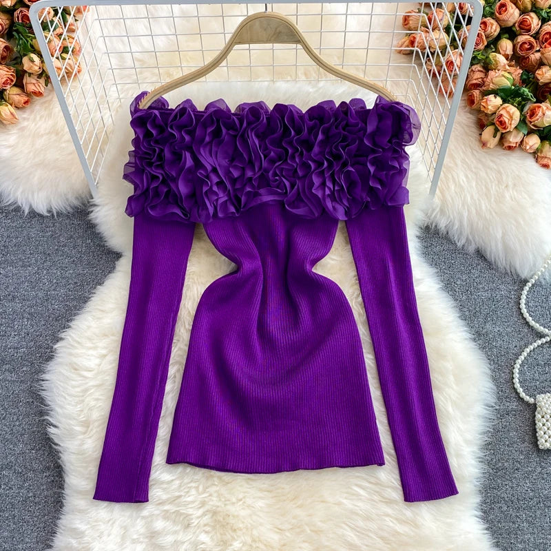 Autumn Women Knitting Full Sleeve Patchwork Sweaters Pullovers Girls Slim Floral Knitted Knitwear Tops GTA014