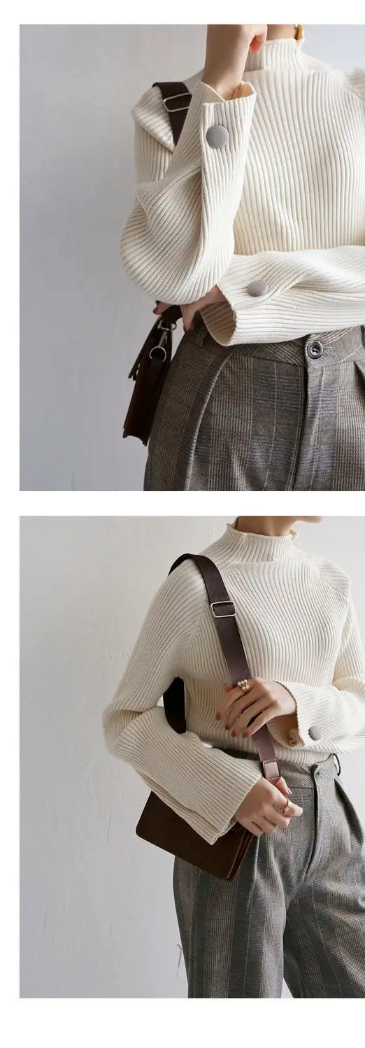 Women Autumn And Winter Half High Collar Knitted Sweaters Solid Female Soft Elastic Soild Color Pullover Button Full Sleeve Tops