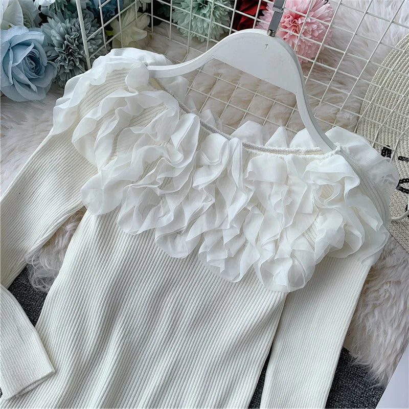 Autumn Women Knitting Full Sleeve Patchwork Sweaters Pullovers Girls Slim Floral Knitted Knitwear Tops GTA014