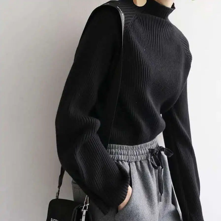 Women Autumn And Winter Half High Collar Knitted Sweaters Solid Female Soft Elastic Soild Color Pullover Button Full Sleeve Tops