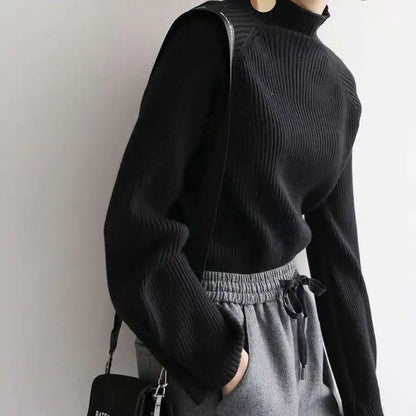 Women Autumn And Winter Half High Collar Knitted Sweaters Solid Female Soft Elastic Soild Color Pullover Button Full Sleeve Tops