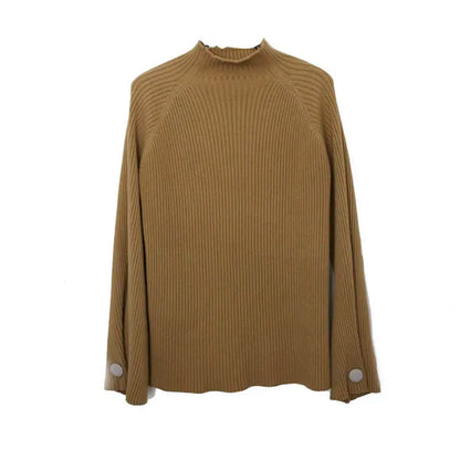 Women Autumn And Winter Half High Collar Knitted Sweaters Solid Female Soft Elastic Soild Color Pullover Button Full Sleeve Tops