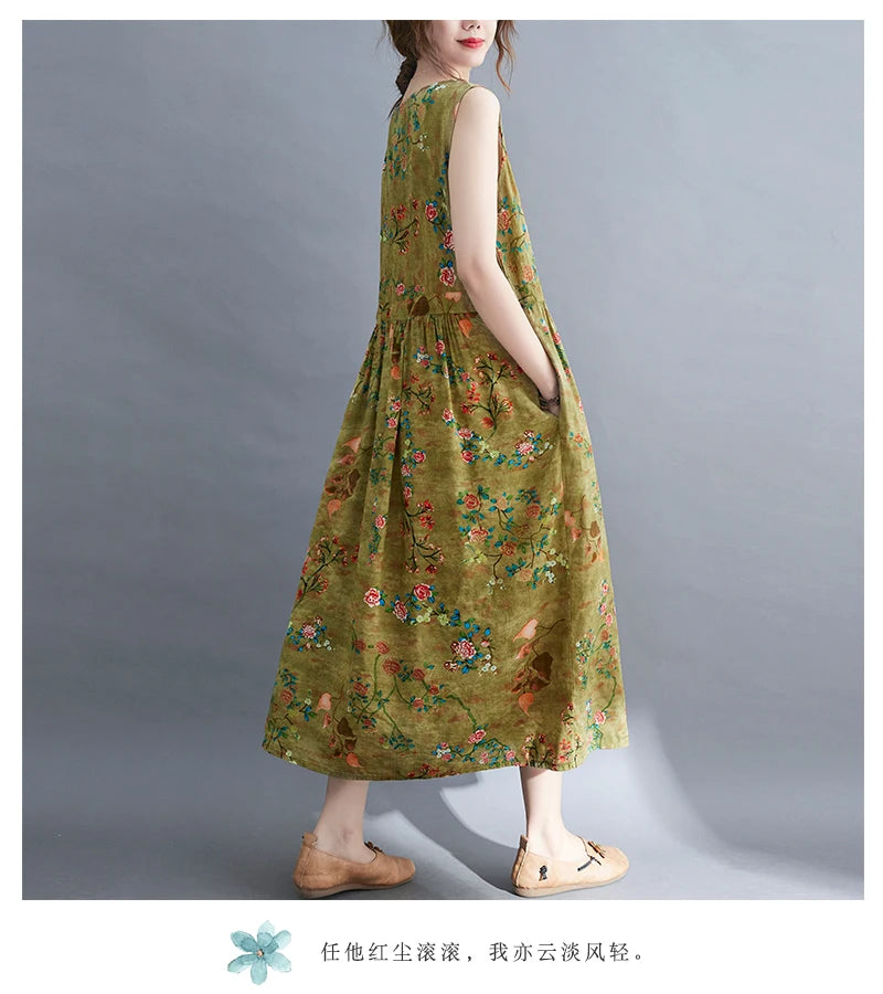 Women Summer Sleeveless Casual Dress New Arrival 2021 Vintage Style Floral Print Loose Cotton Linen Female Long Dresses B592