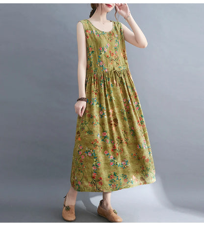 Women Summer Sleeveless Casual Dress New Arrival 2021 Vintage Style Floral Print Loose Cotton Linen Female Long Dresses B592