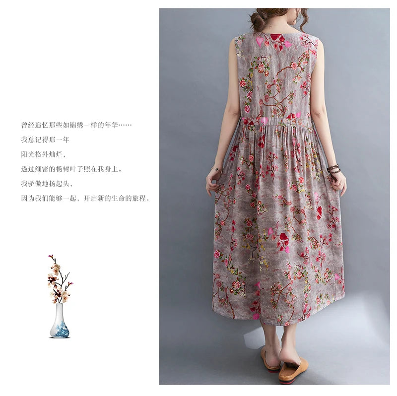 Women Summer Sleeveless Casual Dress New Arrival 2021 Vintage Style Floral Print Loose Cotton Linen Female Long Dresses B592