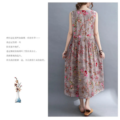 Women Summer Sleeveless Casual Dress New Arrival 2021 Vintage Style Floral Print Loose Cotton Linen Female Long Dresses B592