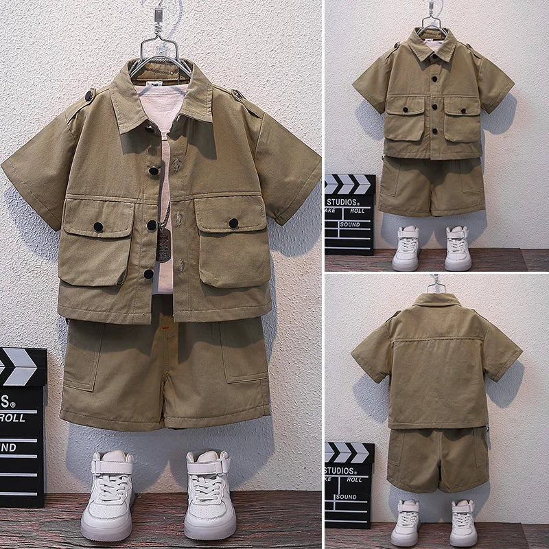 Summer Kids 2024 Summer New Boys Suit Child Buttons Shirt Cargo Shorts Multi-pocket Workwear Suit Short Sleeve Shorts Cotton Set