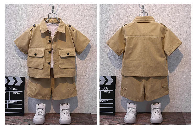 Summer Kids 2024 Summer New Boys Suit Child Buttons Shirt Cargo Shorts Multi-pocket Workwear Suit Short Sleeve Shorts Cotton Set