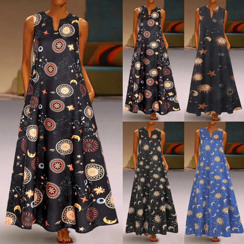 Summer Bohemian Sundress Vintage Sleeveless Women Floral Printed Maxi Long Dress Casual Dress Robe Femme Party Vestido Sarafans