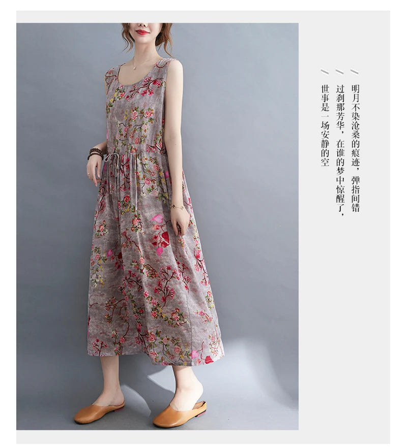 Women Summer Sleeveless Casual Dress New Arrival 2021 Vintage Style Floral Print Loose Cotton Linen Female Long Dresses B592
