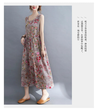 Women Summer Sleeveless Casual Dress New Arrival 2021 Vintage Style Floral Print Loose Cotton Linen Female Long Dresses B592