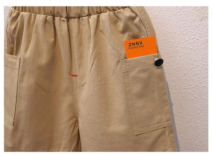 Summer Kids 2024 Summer New Boys Suit Child Buttons Shirt Cargo Shorts Multi-pocket Workwear Suit Short Sleeve Shorts Cotton Set
