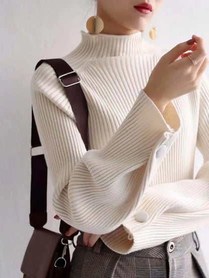 Women Autumn And Winter Half High Collar Knitted Sweaters Solid Female Soft Elastic Soild Color Pullover Button Full Sleeve Tops