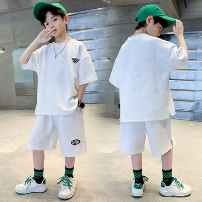 New Summer Boys Clothes Sets Teen Short Sweatshirt + Pants Children Clothing Solid Kids Boy Sport Suits 4 6 8 10 12 14 Years