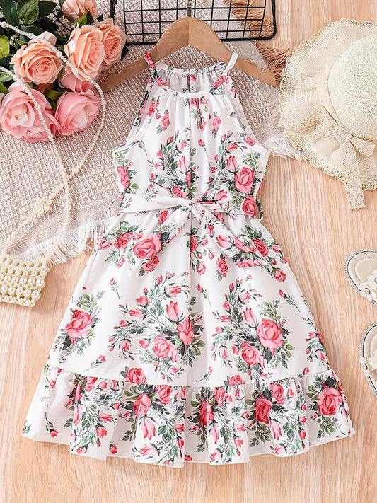 Girls' Summer Romantic Floral Pattern Spliced Dress   Ruffle Hem Belt Casual Vacation Halter Dress