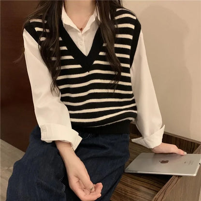 Women Autumn Winter Preppy Style Sweater Vest New Fashion Pullover Elastic Knit Ladies Jumper Casual Stripped Female Basic Tops