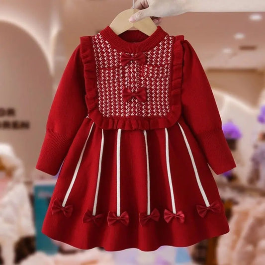 Girls' Dress Winter New Style Western Dress Children's Autumn and Winter Princess Dress Baby New Year Red Knitted Dress