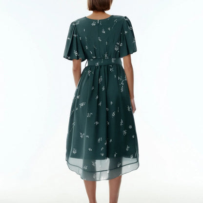 Women Summer Thin Dress Daily Casual Fashion Wrinkles V-Neck Waist Cinching A-Line Zipper Dress Lightweight Comfy Vacation Dress