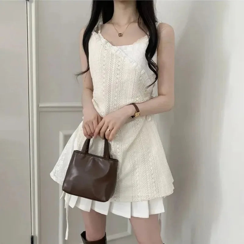 Summer Dress Women Chic French Lace Stitching Sling Shirt Stacked Gauze Knitted Dress Overskirt Inner Wear Base Short Dress