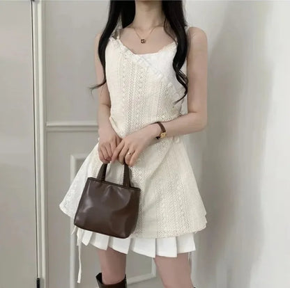 Summer Dress Women Chic French Lace Stitching Sling Shirt Stacked Gauze Knitted Dress Overskirt Inner Wear Base Short Dress