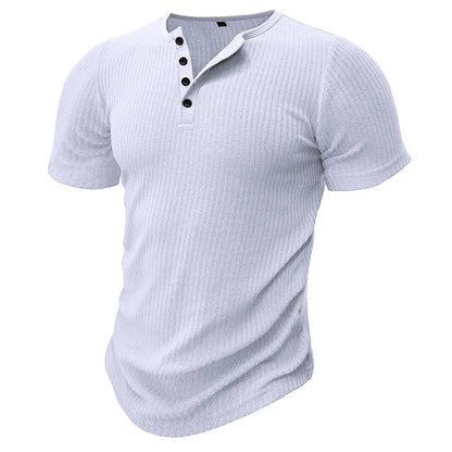 Summer Trend Men's Short Sleeve Casual T-Shirts Solid Henley Neck Button Up Pullover Tops Spring Turn Down Collar Basic Shirt