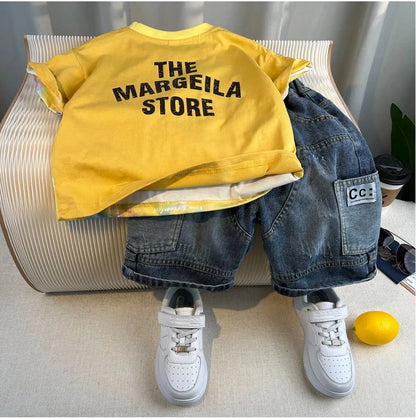 Boys Summer 2025 Boutique Design Outfits Baby Boys Short Sleeve Striped T-Shirt Jeans Shorts 2pcs Korean Clothes for Children