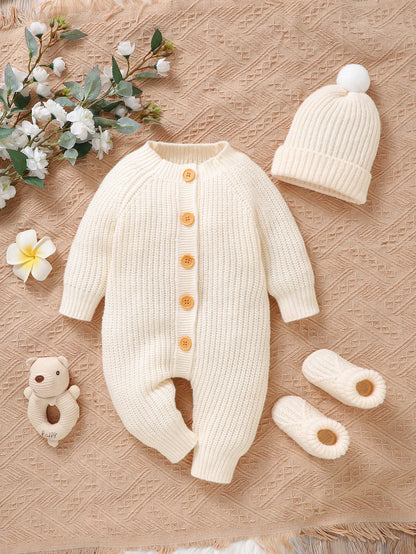 Winter Baby Clothes Beige Long Sleeve Knitted Rompers+Hats+Shoes 3pcs Outfits for Newborn Boys Girls Outwear Outfits Sets 0-9M