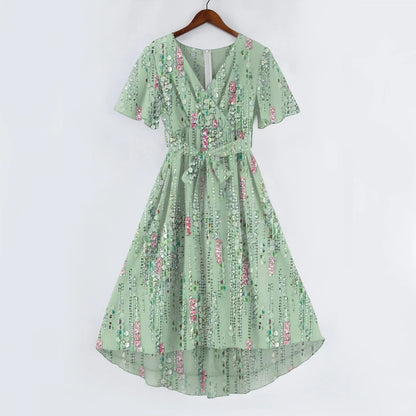 Women Summer Thin Dress Daily Casual Fashion Wrinkles V-Neck Waist Cinching A-Line Zipper Dress Lightweight Comfy Vacation Dress