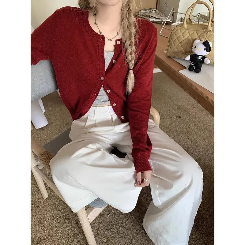 Autumn Long Sleeve Women Elegant Cardigan Sweater Slim Fit Solid Color O-neck Knitted Top Fashion Short Coat