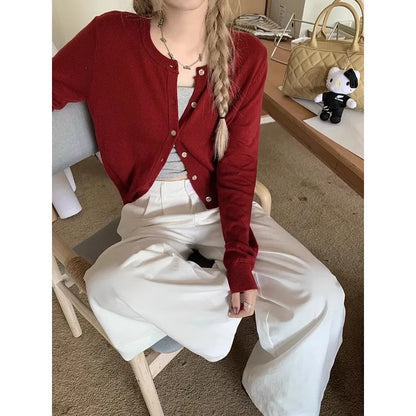 Autumn Long Sleeve Women Elegant Cardigan Sweater Slim Fit Solid Color O-neck Knitted Top Fashion Short Coat