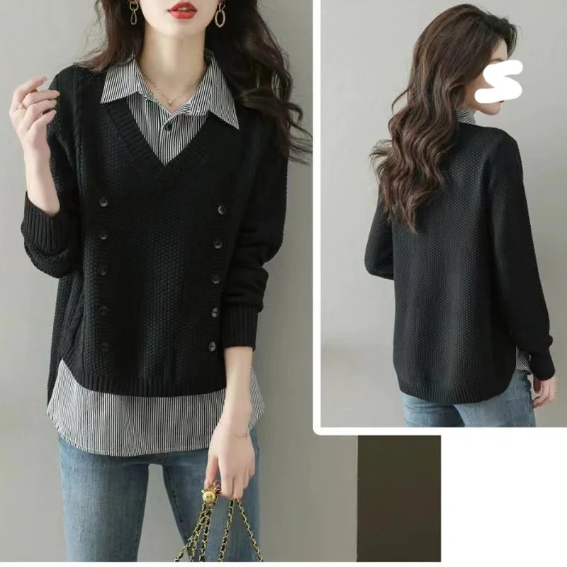 New Fake Two Piece Top Knit Sweater Women's Splice Shirt Collar Spring Autumn  Korean Loose Long Sleeve Sweater Female Pullover