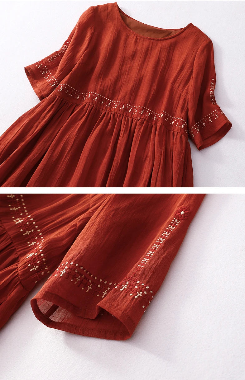 Summer New Dresses for Women LOOSE Embroidery Vintage Dress Streetwear Long Dresses Women Clothing Robe O-Neck White Dress