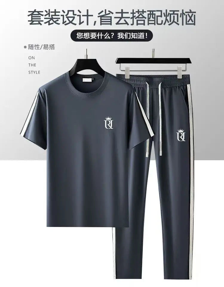 Summer Men's Casual Sportswear Set, Summer Fashion 2-Piece co ord set With Short Sleeve T-Shirt & Side Stripe Pants