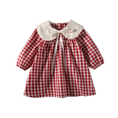 Girl's Sweet  Princess Dress Children Spring Autumn Baby Infants Bow Plaided Patchwork Party Dresses Vestidos Kids
