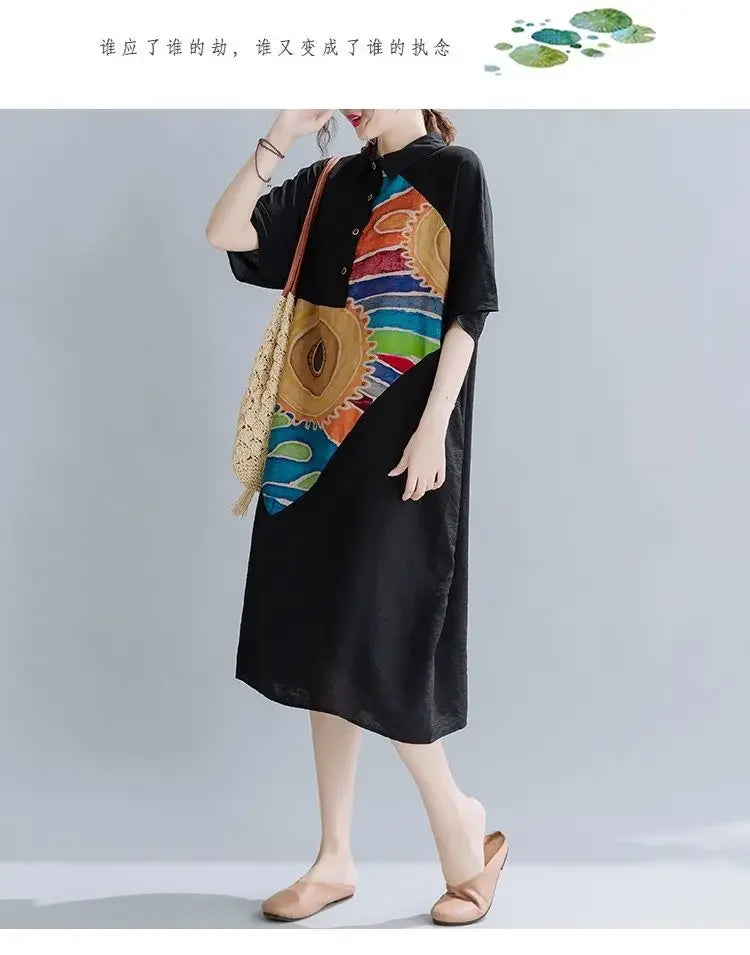 Women Summer Clothing 2025 New Style Literary Splicing Loose Printed Button Splicing Shirt Dress