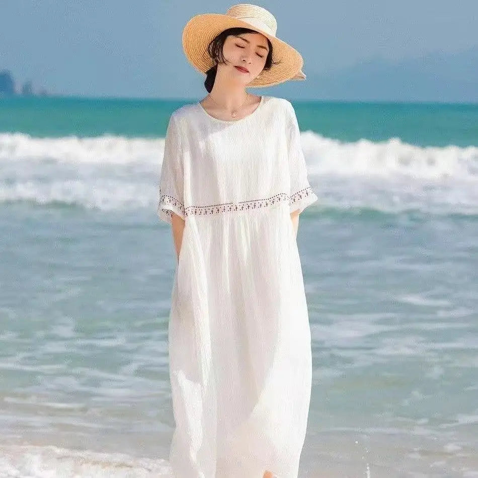 Summer New Dresses for Women LOOSE Embroidery Vintage Dress Streetwear Long Dresses Women Clothing Robe O-Neck White Dress