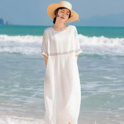 Summer New Dresses for Women LOOSE Embroidery Vintage Dress Streetwear Long Dresses Women Clothing Robe O-Neck White Dress
