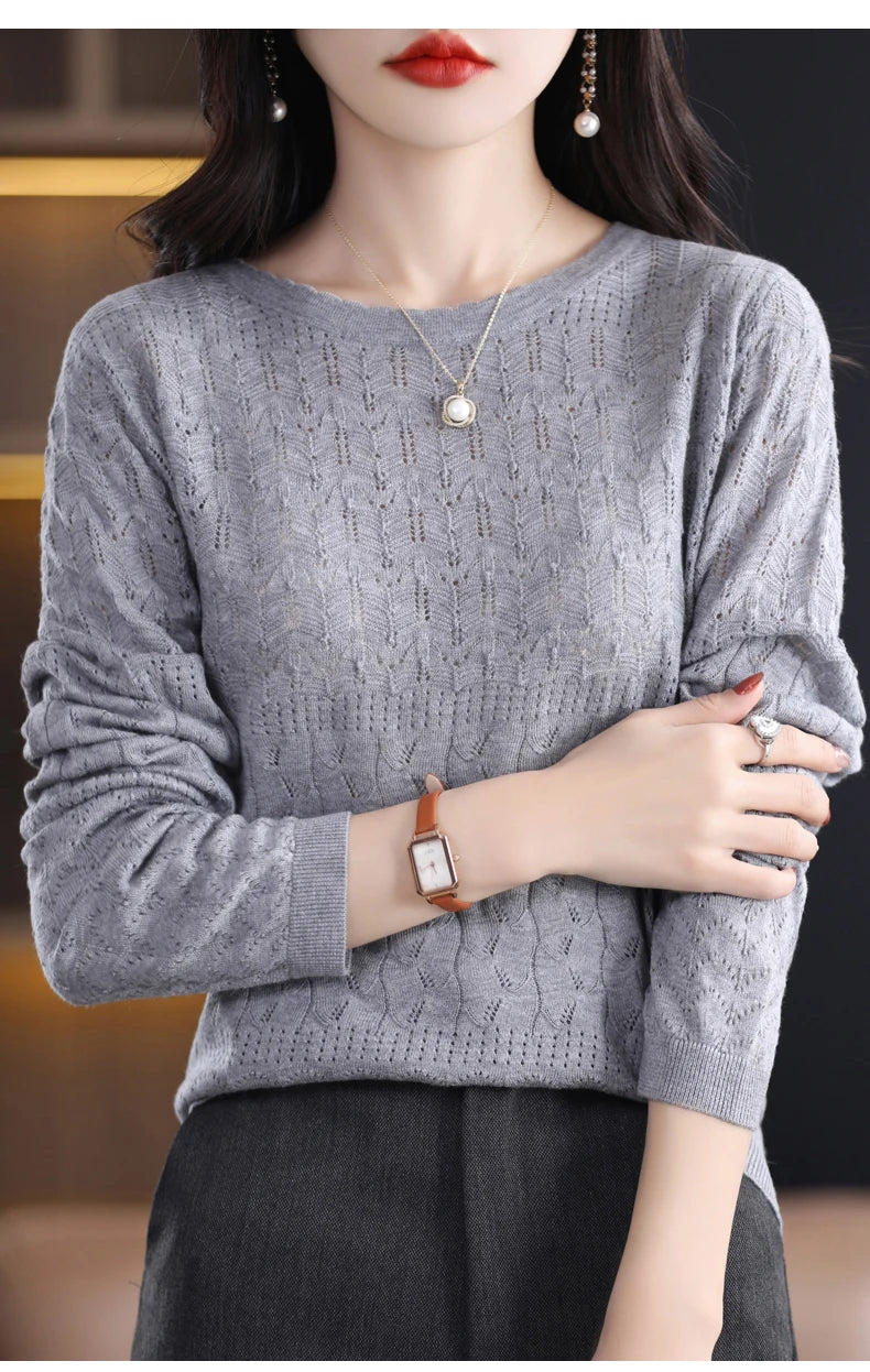Worsted Wool Sweater Women's Spring 2023 New Western-Style Solid Color Round Neck Top With Long Sleeve Bottom Hollowed-Out Thin