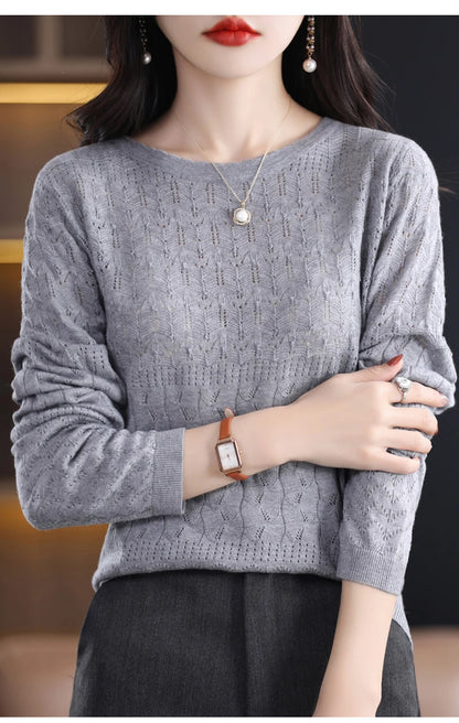 Worsted Wool Sweater Women's Spring 2023 New Western-Style Solid Color Round Neck Top With Long Sleeve Bottom Hollowed-Out Thin