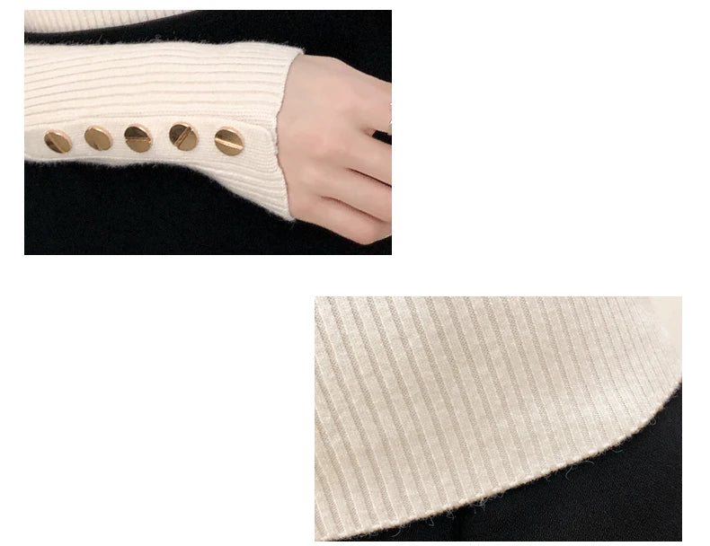 2025 Knitted Turtleneck Women Sweater Button Long Sleeve Pullovers Autumn Winter Basic Femme Sweaters Slim Solid Pull Tops