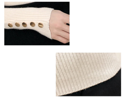 2025 Knitted Turtleneck Women Sweater Button Long Sleeve Pullovers Autumn Winter Basic Femme Sweaters Slim Solid Pull Tops