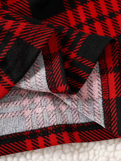 Girls' Autumn and Winter Casual Fashion Knitted Round Neck Ribbed Horn Sleeve Plaid Dress Campus Dress