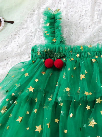 Girls' summer fashion and simplicity: five-pointed star printed cake dress, princess mesh puffy dress, cute halter dress
