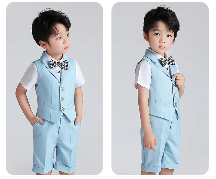 Boys Summer Vest Shirt Shorts Formal Dress Kids Candy Color Waistcoat Wedding Clothes Sets Child Uniforms Toddler Tuxedo Costume