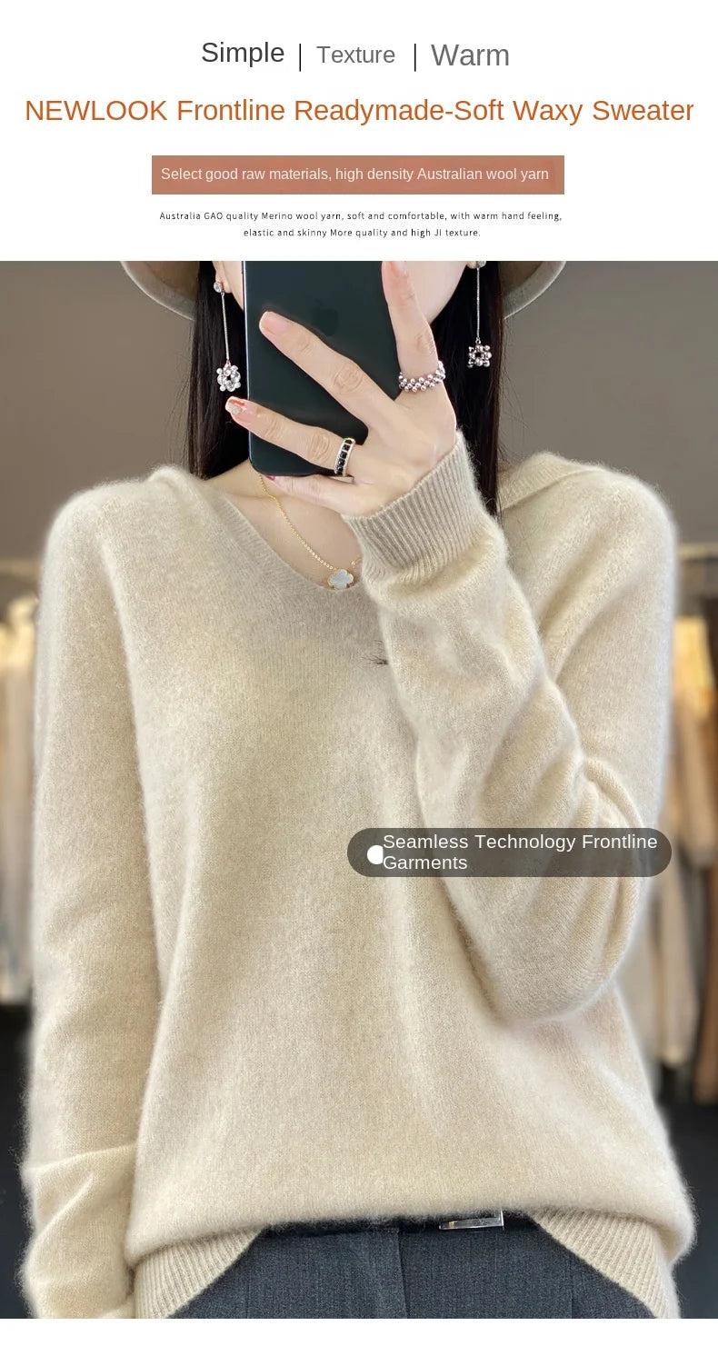 2024 100% Merino Pure Wool V-neck Hoodie Autumn/Winter Hoodie New Cashmere Sweater Women's Casual Knitted Top DMR207