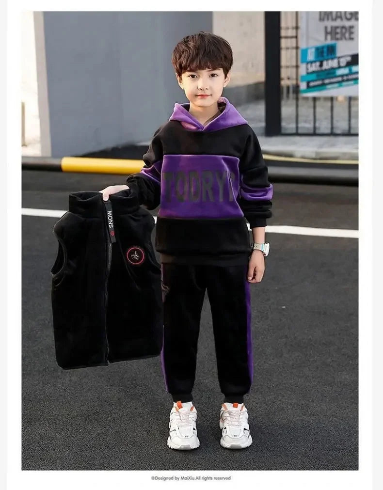 2023 winter Boys tracksuit Autumn Toddler Teenager Clothes vest velvet jacket + Sweatishrt hooded + Pant Children Kids 4 12 year